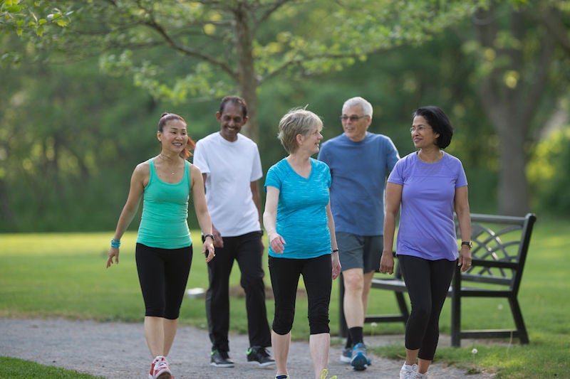 A multi-ethnic group of senior adults are walking together on a trail through the park.