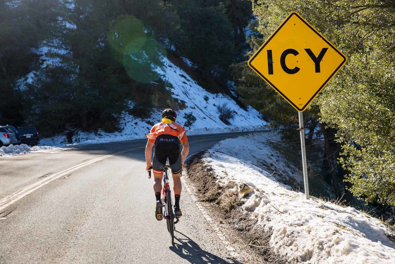 Brad Huff and his yellow handkerchief make their way through the snowy upper reaches of the training route.